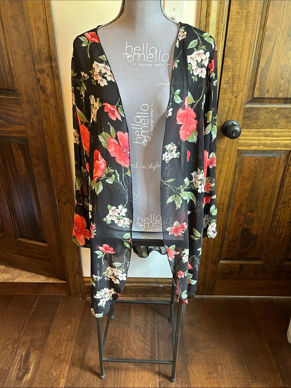 Liberty Love Black Floral Open-Front Cardigan with Red & Pink Blooms